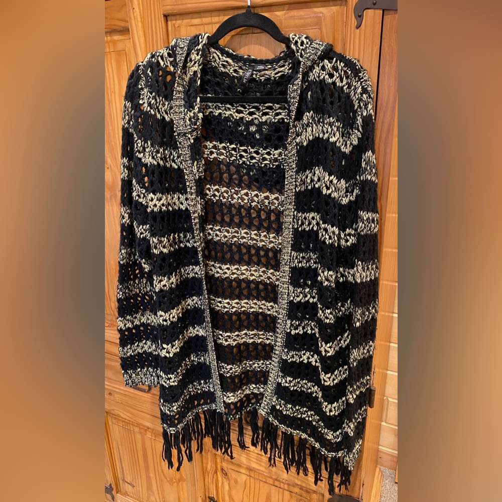 Ethyl black and gold fringe sweater cardigan, XL